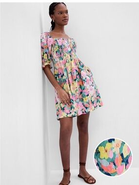 GAP Puff Sleeve Linen Blend Pastel Square-Neck Mini Dress Sz XS-S Spring Summer